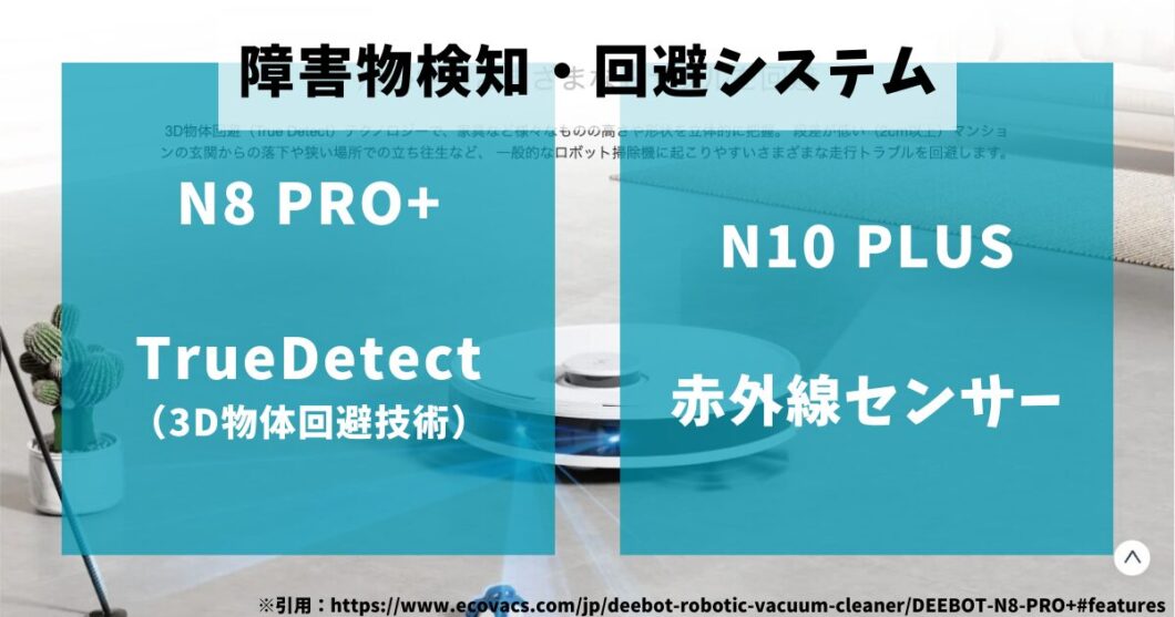 エコバックスDEEBOT_N8PRO+_N10PLUS_比較（障害物検知回避システム）